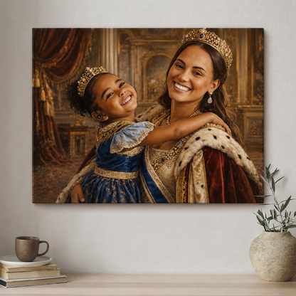 Canvas print of a woman and child in regal attire on a wall above a table with decor items.