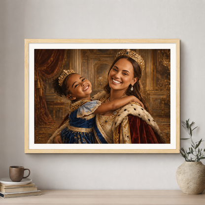 Framed portrait of a woman and a young girl in regal attire on a wall above a wooden surface with a plant and books.