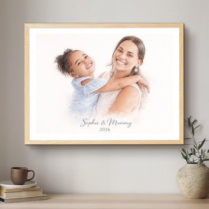 Mummy & Me Ink Line Artistic Design Custom Portrait | Framed Art Print