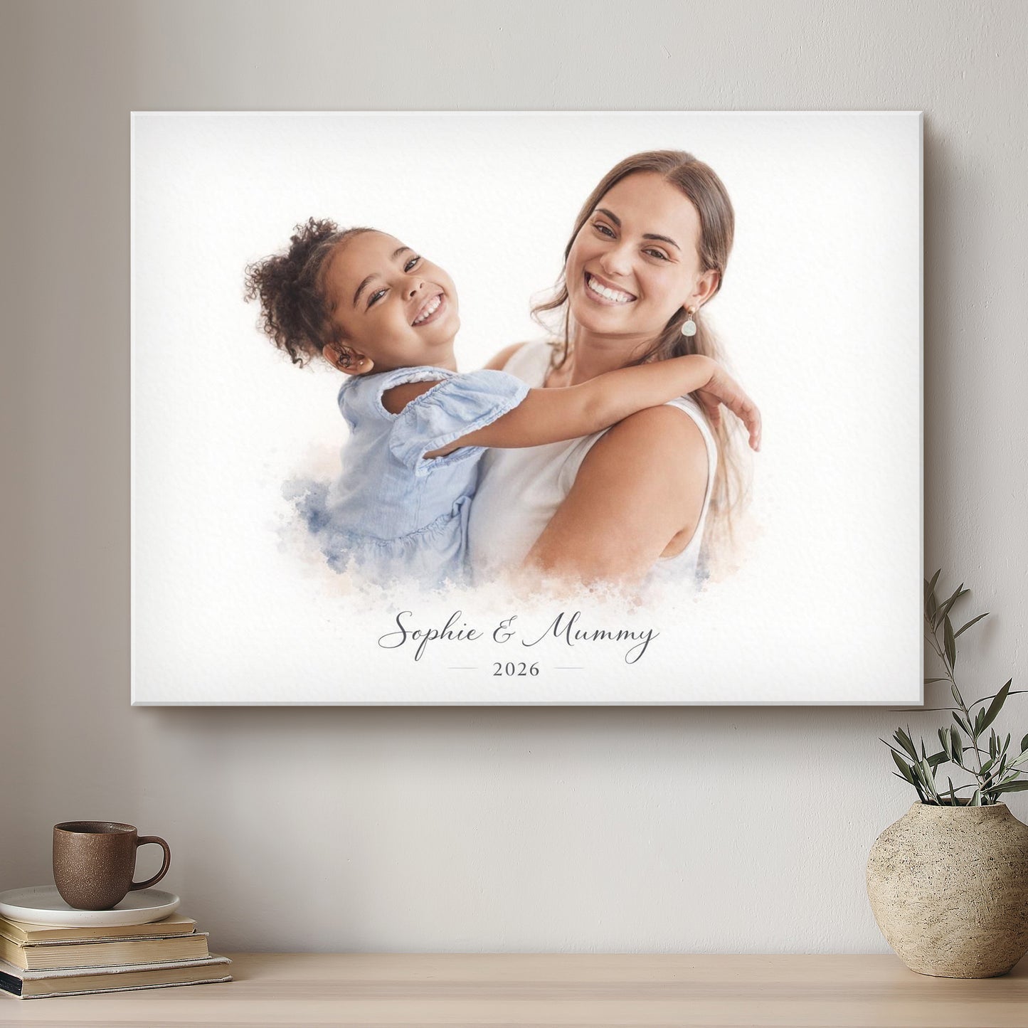 Mummy & Me Soft Watercolour Custom Portrait | Stretched Canvas