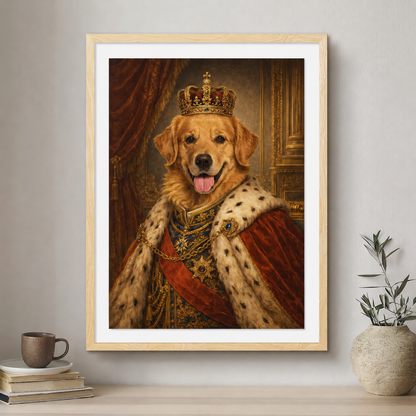 Framed artwork of a dog in royal attire with a crown on a wall.