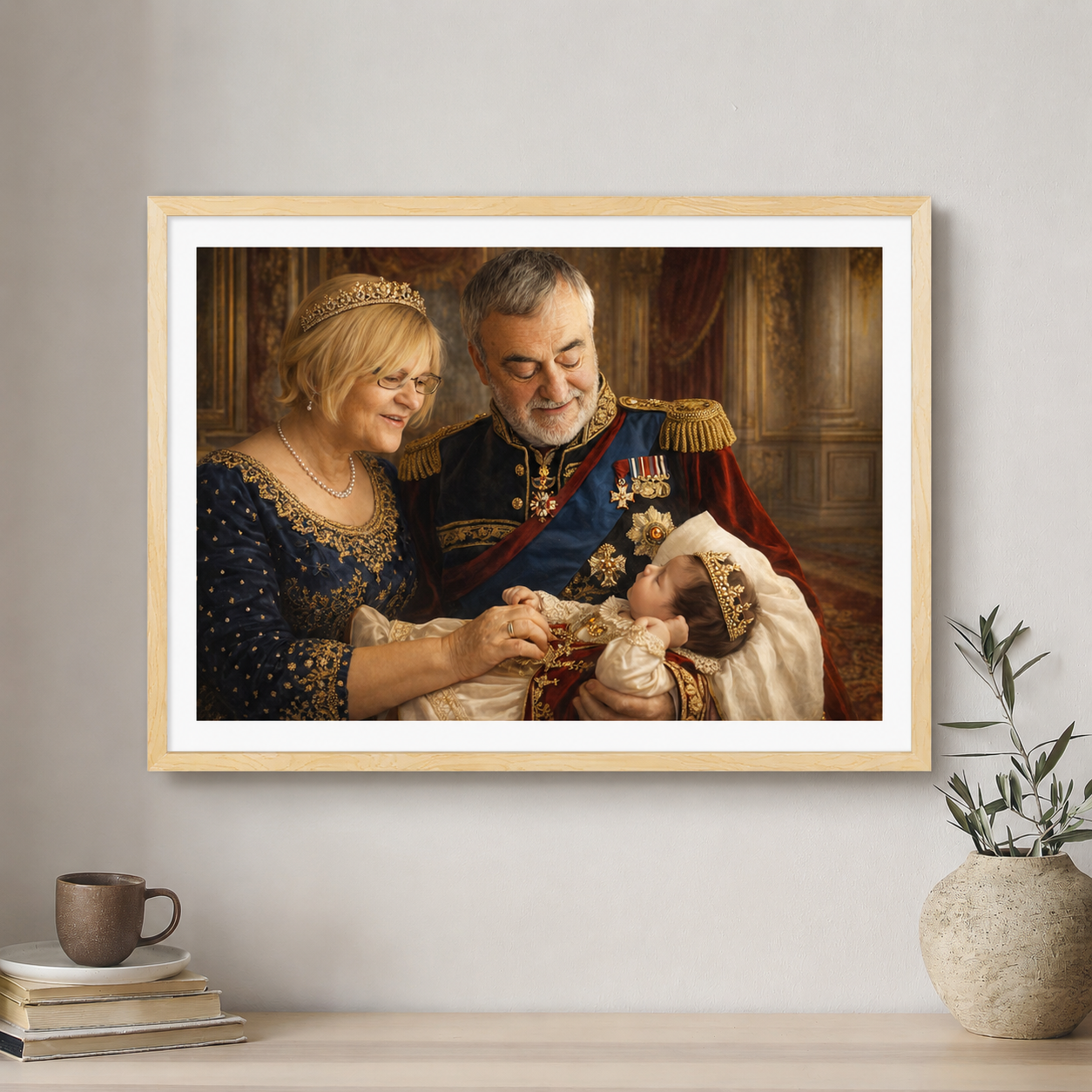 Framed portrait of a family in formal attire on a wall with decor elements.