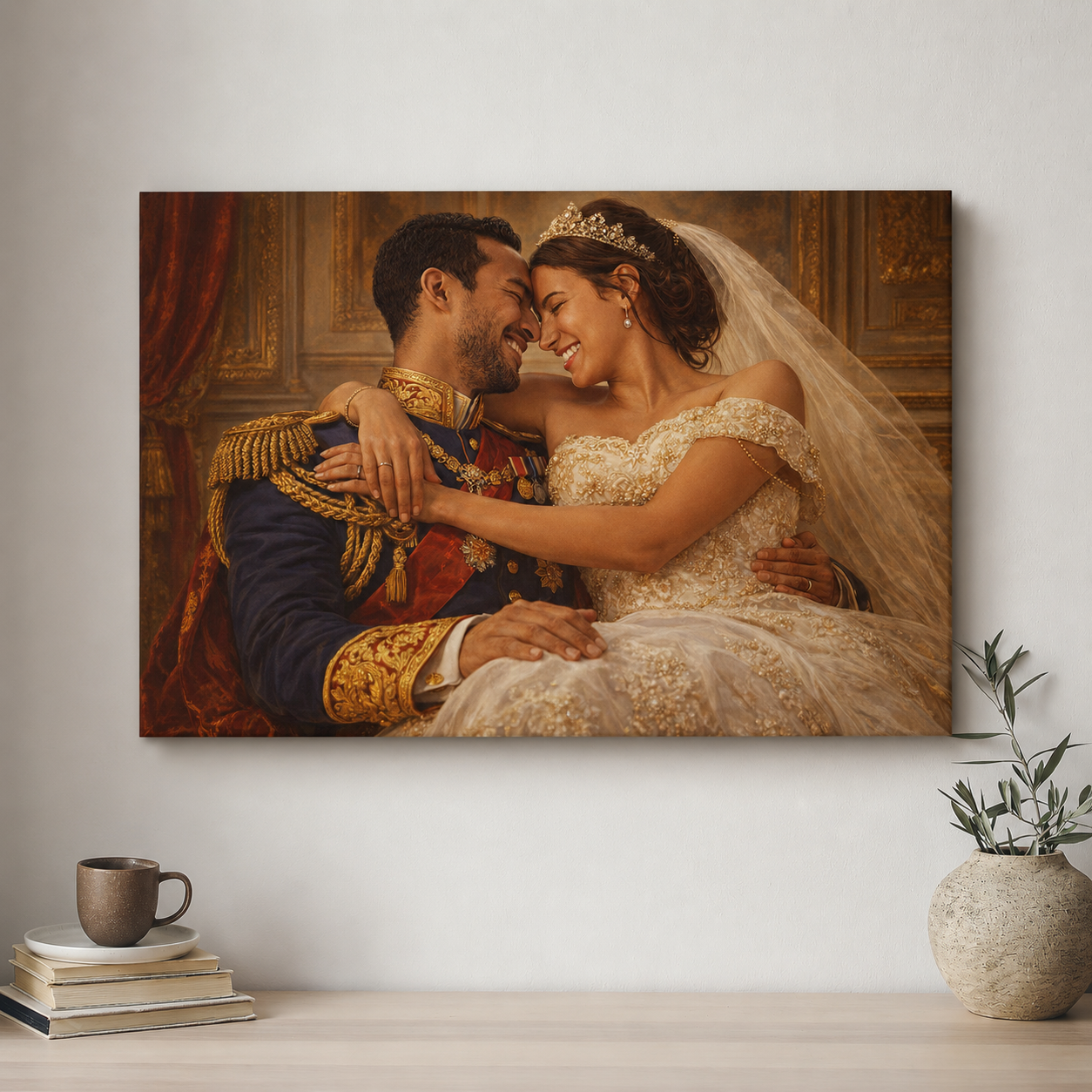 Canvas print of a couple in formal attire on a wall above a table with a cup and books.