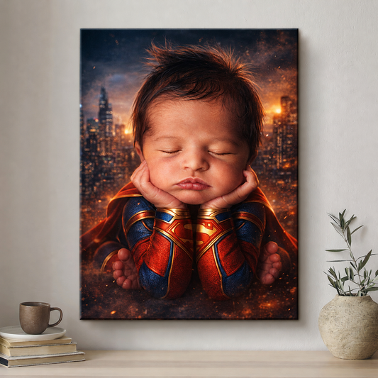 Framed artwork of a baby in superhero costume against a cityscape background