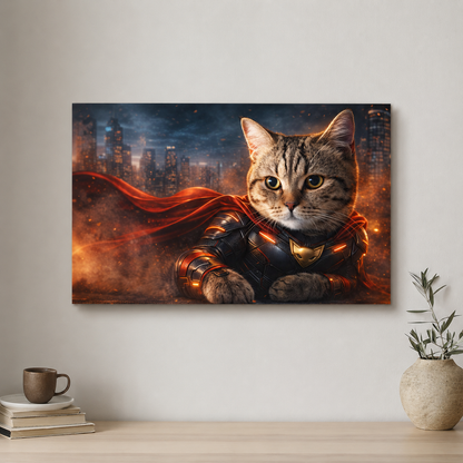 Cat in superhero costume with cityscape background on wall above desk