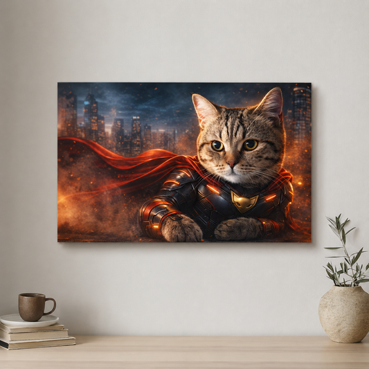 Cat in superhero costume with cityscape background on wall above desk