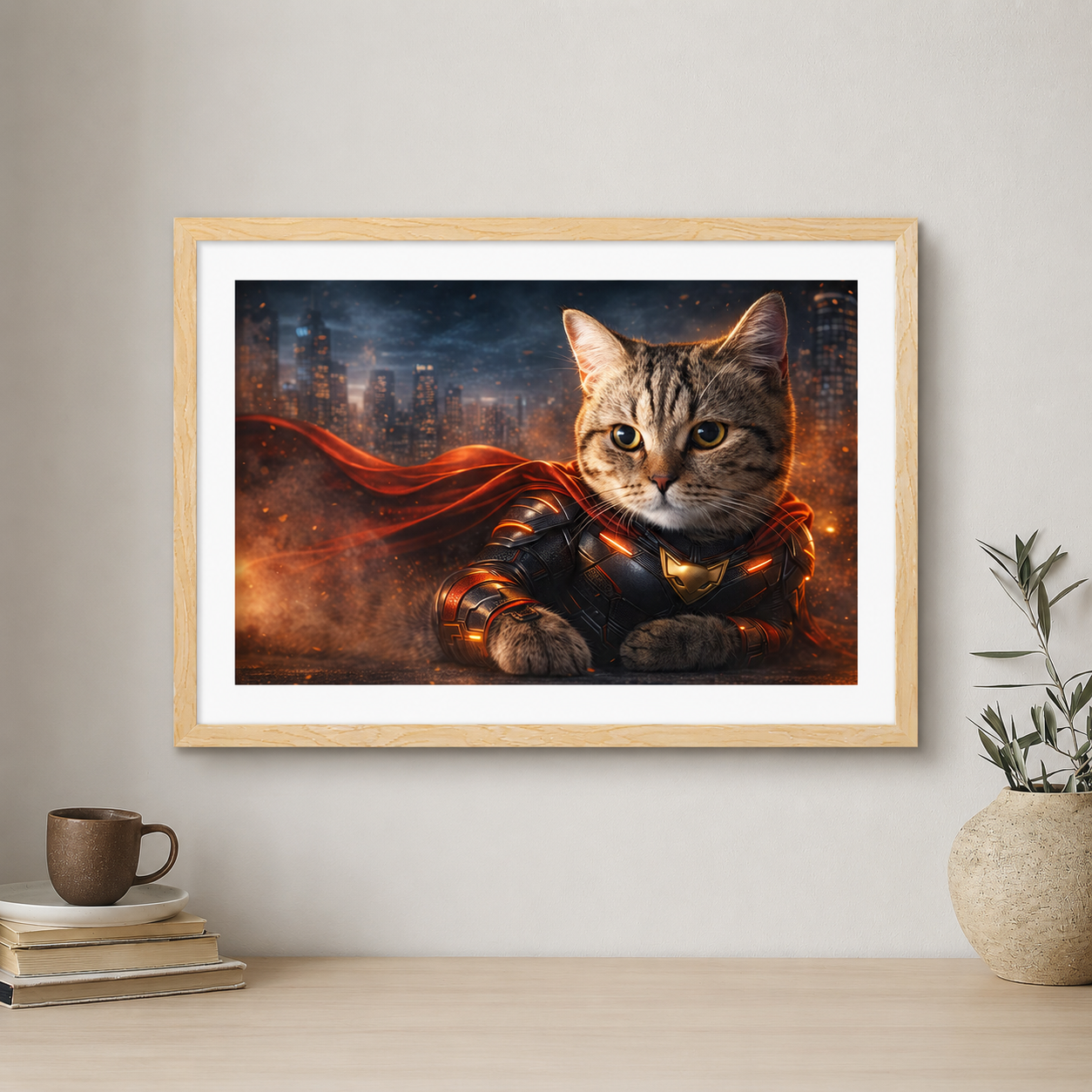 Framed artwork of a cat in superhero costume on a wall with decor items below.