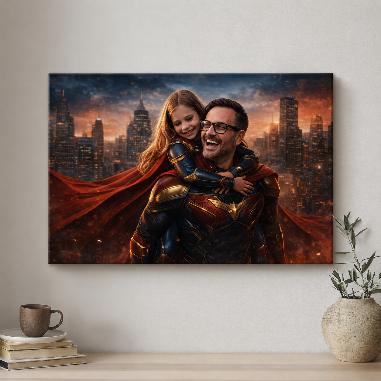Canvas print of a superhero and child against a cityscape backdrop on a wall.