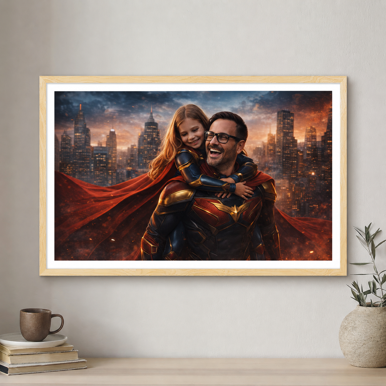 Framed artwork of a superhero character with a child against a cityscape background.