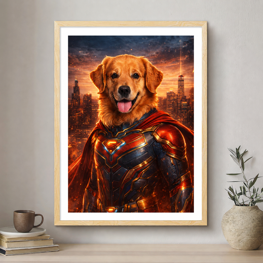 Framed superhero-themed portrait of a dog with a cityscape background on a wall.