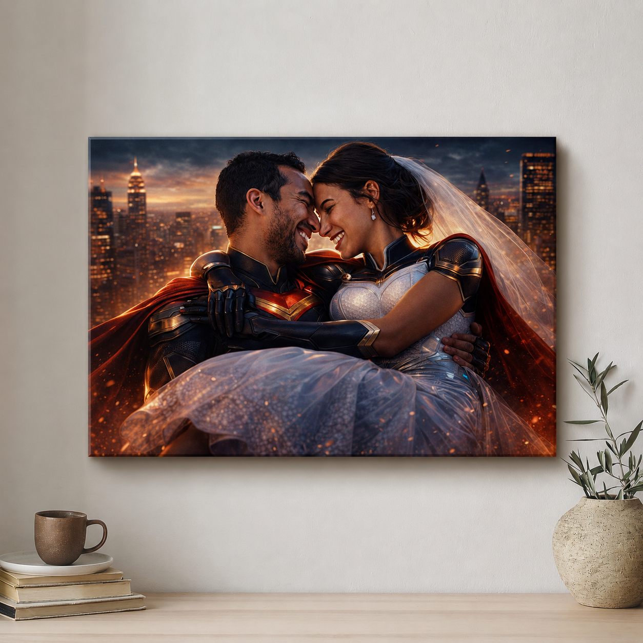 Canvas print of a superhero and his bride against a city skyline on a wall with decor items below.
