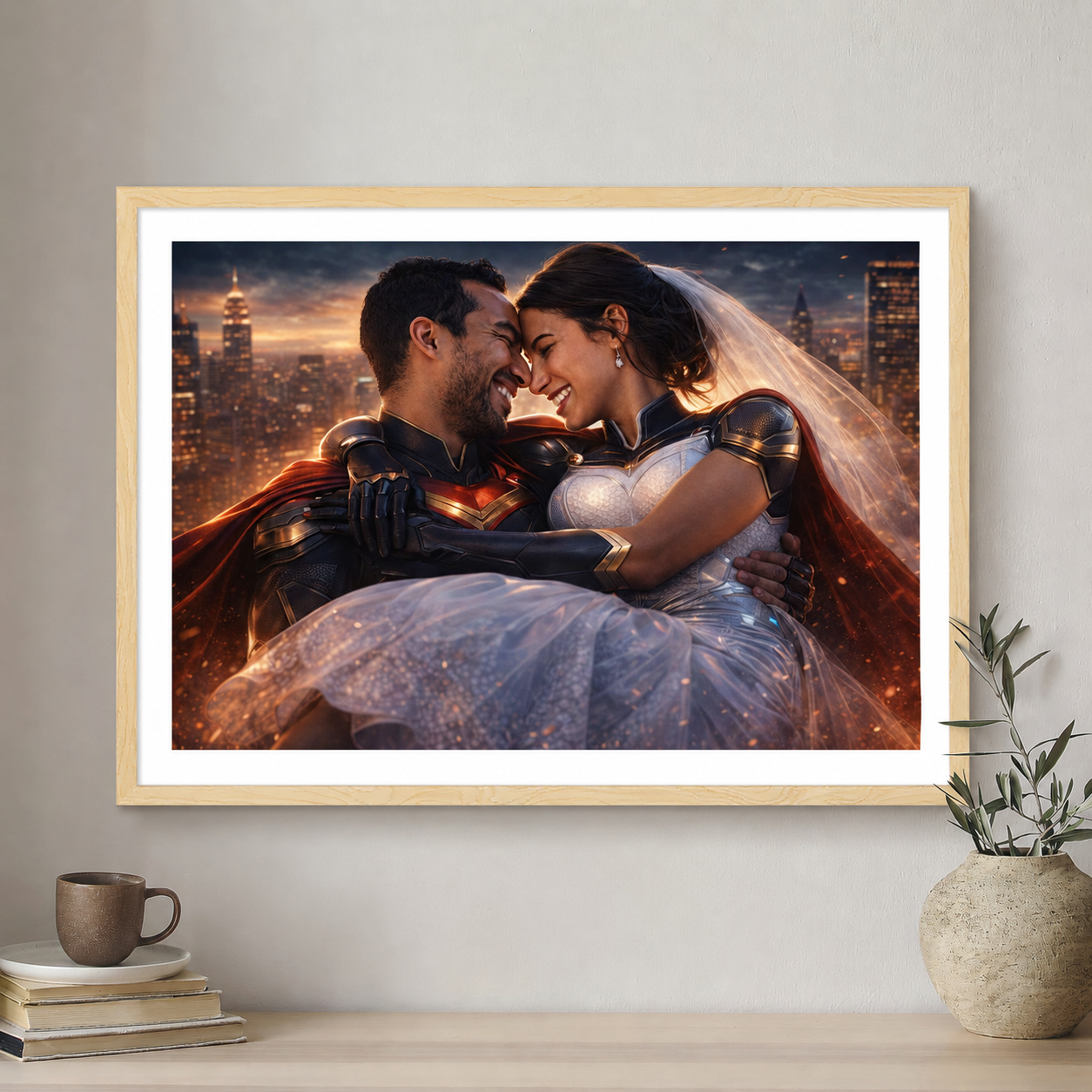 Framed artwork of a couple in superhero costumes against a cityscape.