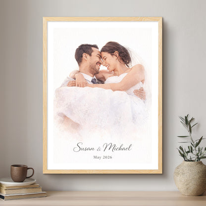 Framed photograph of a couple with 'Susan & Michael' and 'May 2026' text on a wall above a shelf.