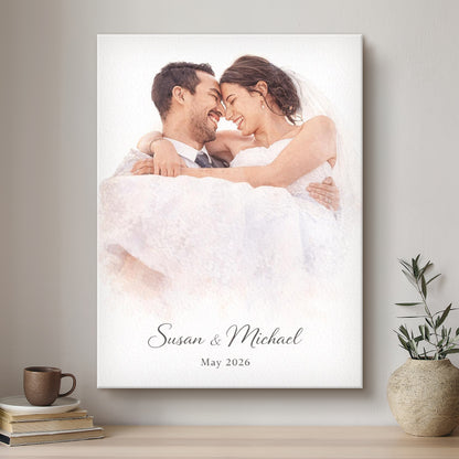 Canvas print of a bride and groom with personalized text on a wall above a shelf.