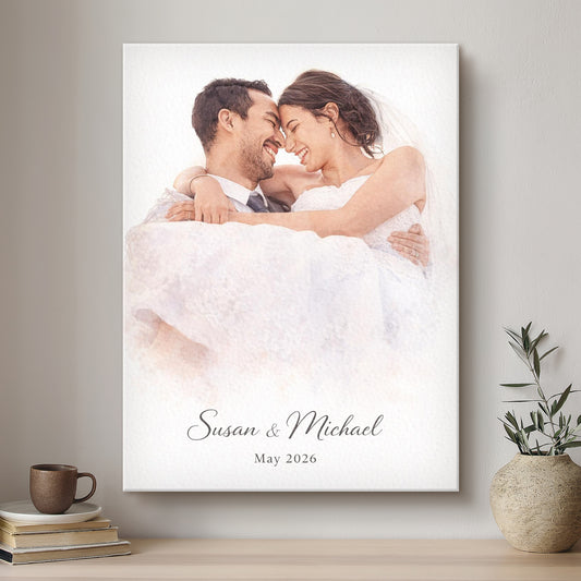 Canvas print of a bride and groom with personalized text on a wall above a shelf.