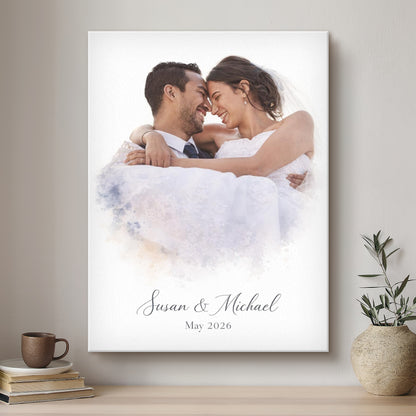 Framed wedding photo of a couple with 'Susan & Michael May 2026' text on a wall.