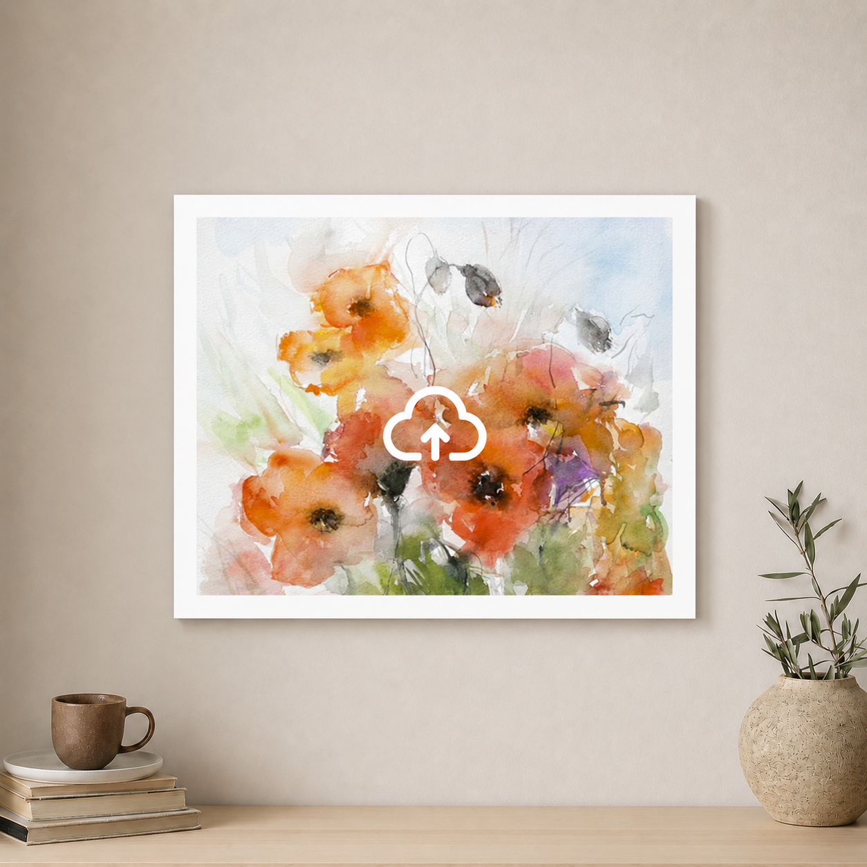 Framed floral artwork on a wall above a wooden shelf with a cup and plant.