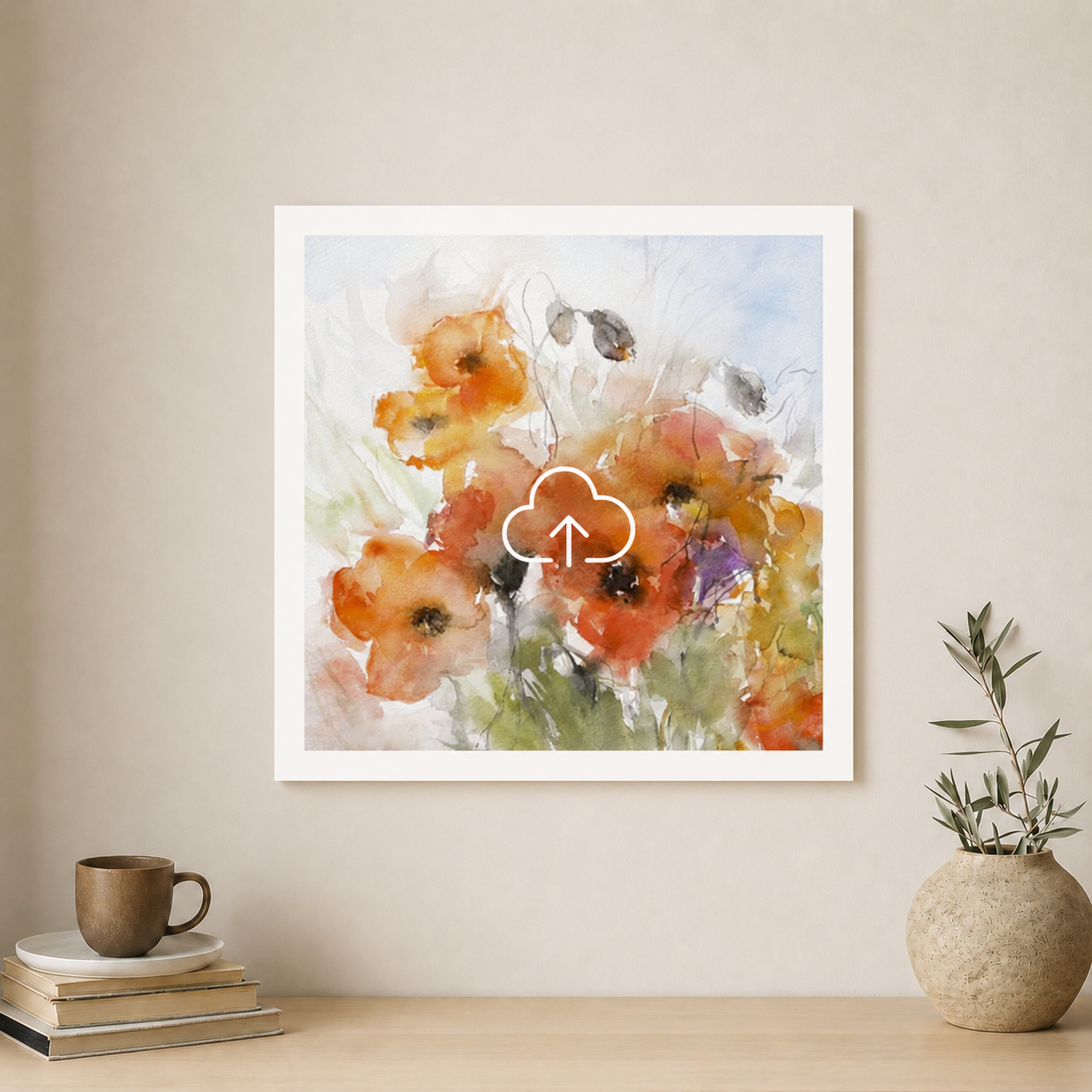 Framed floral artwork on a wall with a cup and plant below