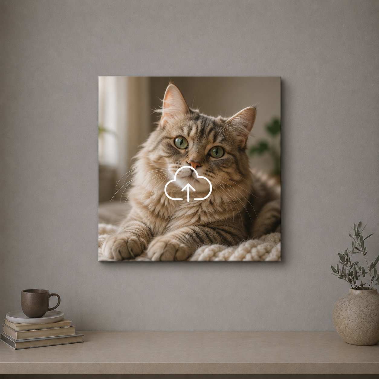 Square cat canvas with upload cloud overlay.