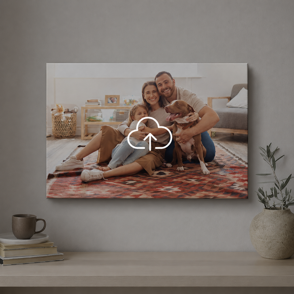 Family with a dog on a rug in a living room, displayed on a wall.