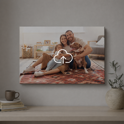 Family with a dog on a rug in a living room, displayed on a wall.